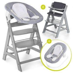 Hauck Hochstuhl »Alpha Plus Grau - Newborn Set« (4 Stück), Holz Hochstuhl ab Geburt + Neugeboreneneinsatz & Wippe Stretch Grey + Sitzpolster