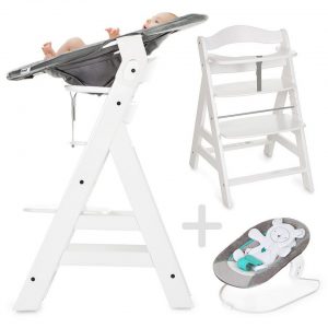 Hauck Hochstuhl »Alpha Plus Weiß – Newborn Set« (4 Stück), Holz Hochstuhl ab Geburt + Neugeboreneneinsatz & Wippe