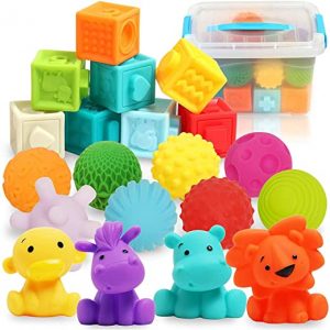 20 STK. Weiche Quetsch Babyspielzeug Set mit Bälle, Bausteine und Tierformen - Montessori Steckklötze Badewannenspielzeug zum Sortieren und Stapeln...
