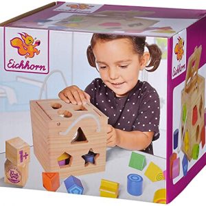 Eichhorn 100002092 Steckwürfel aus Holz, Kiefernholz, Motorikwürfel mit 12 Steckbausteinen, Holzspielzeug für Kinder ab 12 Monaten, Größe:...