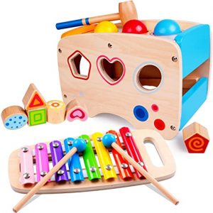 Rolimate Xylophon und Hammerspiel Spielzeug ab 1 Jahr, 3 in 1 Montessori Pädagogisches Vorschullernen Musikspielzeug Holzspielzeug...