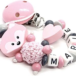 Schnullerkette mit Namen für Junge & Mädchen | VIELE INDIVIDUELLE MODELLE | Personalisierte Nuckelkette mit Wunschnamen (rosa, fuchs, herz)