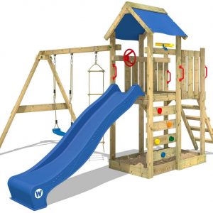 WICKEY Spielturm Klettergerüst MultiFlyer mit Schaukel & blauer Rutsche, Kletterturm mit Sandkasten, Leiter & Spiel-Zubehör