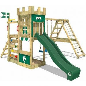WICKEY Spielturm Ritterburg DragonFlyer mit Schaukel & grüner Rutsche, Spielhaus mit Sandkasten, Kletterleiter & Spiel-Zubehör