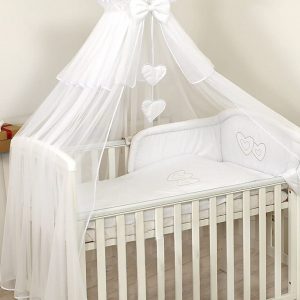 Betthimmel Moskitonetz 480 cm HIMMEL + HALTER für Babybett Kinderbett Baldachin Herzen Himmelstangen Himmelhalter Bett-Himmel - Weiß