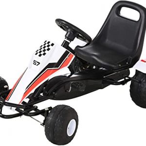 HOMCOM Go Kart Kinderfahrzeug Tretauto mit Pedal Bremsen Sitz Verstellbar Kinderspielzeug für 3-8 Jahre Stahl Weiß 104 x 66 x 57 cm