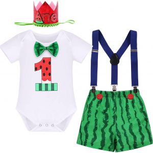 IBAKOM Baby Jungen Mein 1. Geburtstag Outfit Kurzarm Baumwolle Strampler Body + Bloomer Shorts + Hosenträger + Stirnband 4tlg Sommer Babykleidung…