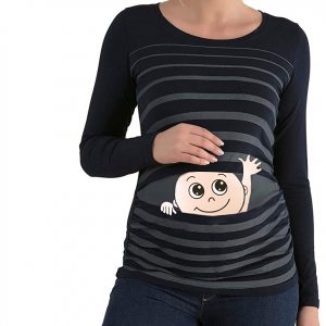 M.M.C. Winke Winke Baby - Lustige witzige süße Umstandsmode gestreiftes Umstandsshirt mit Motiv für die Schwangerschaft, Langarm