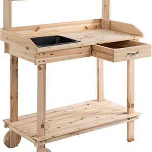 Outsunny Pflanztisch mit Schublade, 2 Stufen Gärtnertisch mit waschbecken und Rollen, Blumentisch, Garten, Massivholz, Natur, 92 x 45 x 119 cm