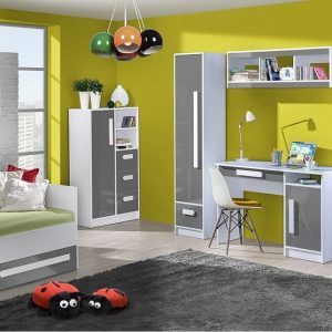 QMM Traum Moebel Jugendzimmer Kinderzimmer komplett Gerome Set C in 4 Farben Fronten Hochglanz Schrank Schreibtisch Standregal Kommode Wandregal…