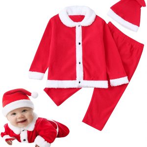 Alliwa Baby Neugeborenes Baby Junge Mädchen Kleidung Weihnachten, Rote Fleece Langarmshirt + Hosen + Mütze Weihnachtsmann Kostüm Baby…