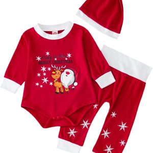 Alliwa Baby Weihnachten Baby Outfit Mädchen, 3 Stück Set Baby Mädchen Rote Strampler Hosen Hut Baby Kleidung Mädchen 0-6 Monate Weihnachten