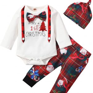 Alliwa Baby Weihnachten Baby Strampler Body Langarm+Lange Hosen + Mütze Neugeborenes Bekleidungsset 3pcs Outfits Set Neugeborenes Babykleidung…