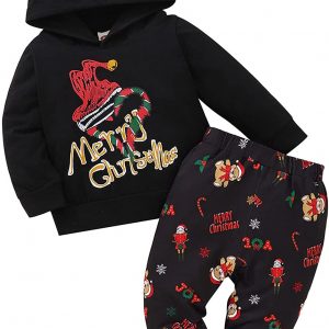 Alliwa Baby Weihnachtsoutfit Baby Junge Baby Kleidung Jungen 0-6 Monate Set Sweatshirt mit Kapuzen + Hosen Weihnachtsdruck Kapuzenpullover Hosen…
