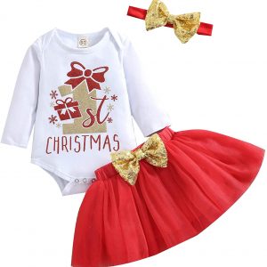 Geagodelia Baby Mädchen Weihnachten Outfit Kleidung Weihnachtsoutfit Babykleidung Set Langarm Body Strampler + Tüllrock Tütü Rock Neugeborene...