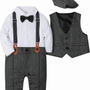 SANMIO Baby Jungen Bekleidung Set, Taufe Junge 3tlg with Fliege + Weste + Hut Gentleman Langarm Anzug Outfit für Festlich Geburtstag Hochzeit, 9-12...