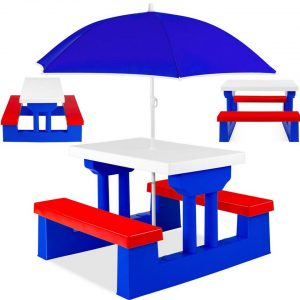 KESSER Kindersitzgruppe, Kindersitzgruppe mit Sonnenschirm Kindertisch Picknickset Sitzgarnitur Tisch und Bänke Sitzgruppe Kindermöbel Gartenmöbel...