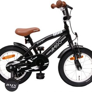 Amigo BMX Fun - Kinderfahrrad für Jungen - 14 Zoll - mit Handbremse, Rücktritt, Lenkerpolster und Stützräder - ab 3-4 Jahre - Schwarz
