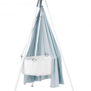 Ausstellungsstück Leander Babywiege Wiege weiß Set inkl. Comfort Träumeland Softschaummatratze, Schleier misty blue, Haken und Stativ
