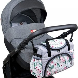 BABYLUX Kinderwagentasche WICKELTASCHE Pflegetasche für Windeln Flaschen für Kinderwagen Buggy (73. Blumen)