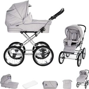 Friedrich Hugo München | 2 in 1 Kombi Kinderwagen | Nostalgie Kinderwagen | Farbe: Silbergrau - Rad: Chrom Schwarz