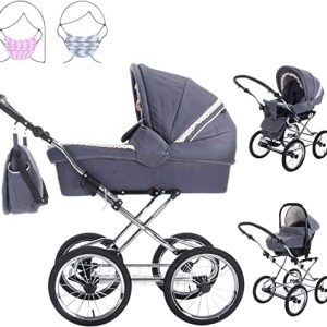 Friedrich Hugo Natureline Uni | 3 in 1 Kombi Kinderwagen Komplettset | Öko Nostalgie Kinderwagen | Farbe: Hugo Stone Silver