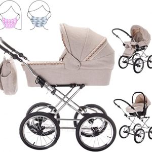 Friedrich Hugo Natureline Uni | 3 in 1 Kombi Kinderwagen Komplettset | Öko Nostalgie Kinderwagen | Farbe: Hugo Silver