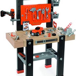 Smoby 360701 – Black+Decker Werkbank Center – mit viel Zubehör, mechanischem Akkuschrauber, Autobausatz, Lern-App, für Kinder ab 3 Jahren