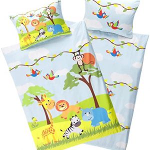 Aminata Kids Kinderbettwäsche Tiere 100 x 135 cm + 40 x 60 cm Baumwolle Reißverschluss Dschungel-Tiere, Zoo-Tier-Motiv, Kinder-Bettwäsche-Set,...