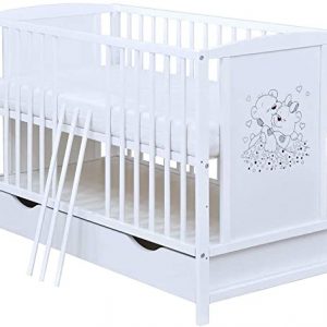 Baby Delux Babybett Kinderbett Gitterbett weiß 120x60 mit Schublade Bettkasten Bärchen Motiv