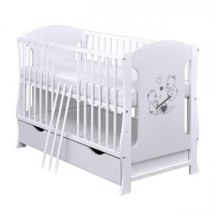 Baby Delux Babybett Kinderbett Juniorbett Teddy Wippe Motiv umbaubar 120×60 Weiß Schublade Matratze