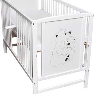Babybett Gitterbett Kinderbett Sprossen 120x60 Weiß Bär Bärchen Motiv mit Matratze NEU