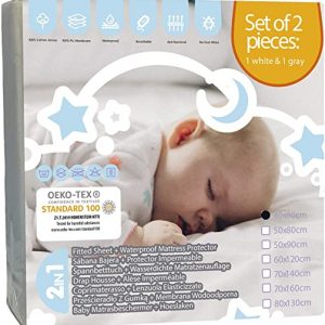 Bisoo 40x80 cm - 2 Stück Set (1Weiß + 1Grau) - 2in1 Wasserfester Matratzenschoner Spannbettlaken für Kinderwagen Stubenwagen Moseskörbe Fabimax...