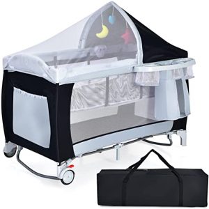 COSTWAY 4 in 1 klappbares Reisebett & Babywiege & Wickeltisch & Laufstall mit Schaukelfunktion, inkl. Spieluhr, Spielbogen, Wickelauflage,...