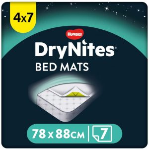 DryNites Bed Mats, Saugfähige Einweg-Betteinlagen (88 x 78 cm), Für Mädchen und Jungen ab 12 Monaten, 28 Unterlagen (4 x 7 Einheiten)