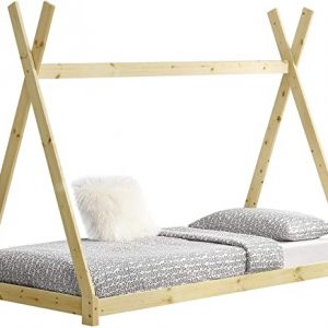 [en.casa] Kinderbett 90x200cm Natur Holz im Tipi Design aus Kiefernholz Jugendbett Bett Holzbett Hausbett