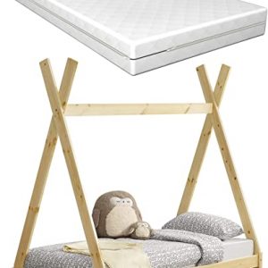 [en.casa] Kinderbett Onejda aus Kiefernholz mit Matratze 80x160cm Tipi-Design Bett Holzbett Hausbett Kaltschaummatratze Öko-Tex Standard 100...
