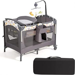 GOPLUS 3 in 1 klappbares Babyreisebett, Wickelauflage & Laufstall & Kinderbett, Reisebett auf Rollen, inkl. Musikbox, Spielbogen, höhenverstellbare…
