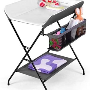 GOPLUS Klappbarer Wickeltisch, Wickelregal mit Wasserabweisender Ablagefläche mit Aufbewahrungskorb, Wickelkombination Wickelauflage zum Wickeln…