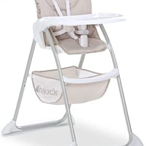 Hauck Kinder Hochstuhl Sit N Fold/ab 6 Monate bis 15 kg/Schmal Faltbar/Verstellbare Rückenlehne/Abnehmbares Tablett/Großer Spielzeug Korb/Beige