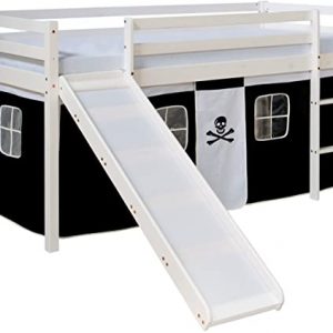 Homestyle4u 1542, Kinder Hochbett Mit Rutsche, Leiter, Vorhang Pirat Schwarz Weiss, Massivholz Kiefer Weiß, 90x200 cm