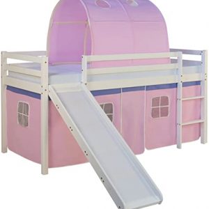 Homestyle4u 1567, Kinderbett 90x200 Weiß, Hochbett mit Rutsche Vorhang Tunnel Rosa, Holz Kiefer