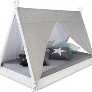 Homestyle4u 1847, Kinderbett Tipi Zelt 90x200, Weiß Grau, Zelt Mit Sterne, Holz Kiefer