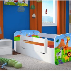 Kinderbett Jugendbett 70×140 80×160 80×180 Weiß mit Rausfallschutz Schublade und Lattenrost Kinderbetten für Mädchen und Junge – Safari 180 cm