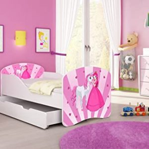 Kinderbett Jugendbett Komplett mit einer Schublade und Matratze Lattenrost Weiß ACMA I (180x80 cm + Bettkasten, 08 Princess)
