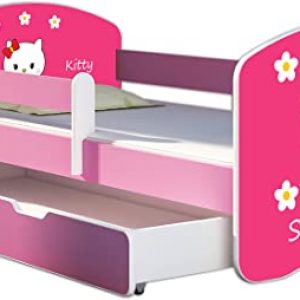 Kinderbett Jugendbett mit einer Schublade und Matratze Rausfallschutz Rosa 70 x 140 80 x 160 80 x 180 ACMA II (16 Sweet Kitty 2, 80 x 160 cm mit…