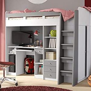 KRYSPOL Etagenbett für Kinder Combi Stockbett mit Treppe, Kleiderschrank und Schreibtisch (Weiß Matt + Grau Matt)