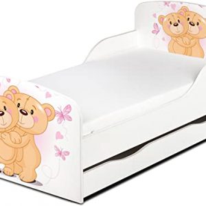 Leomark Einzelbett aus Holz - Liebe Bären - Kinderbett mit Schubladen für Bettwäsche, Stauraum, Holzbett mit Matratze + Lattenrost, Komplett Set,...