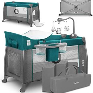 LIONELO Thomi Reisebett Baby, Laufstall Baby, Karussell mit Spielzeug, Wickeltisch, Seiteneingang, abschließbare Rollen, System LockGuard,...