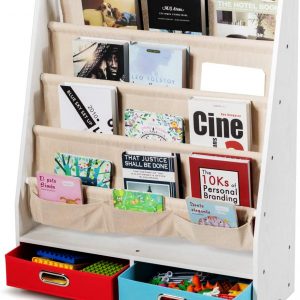 RELAX4LIFE Bücherregal für Kinder, Kinderregal aus Holz & Baumwolle, Büchergestell mit 2 Aufbewahrungsboxen, Hängefächerregal mit 5 Stofffächern,...